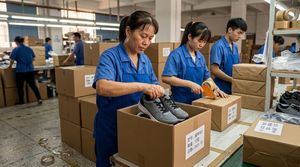 Workers packing finished shoes into cartons